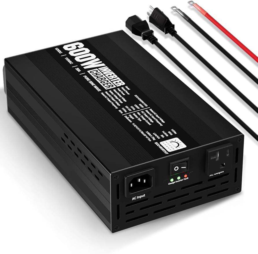 ECO-WORTHY 600W Inverter Charger 600W Pure Sine Wave Inverter &amp 30A LiFePO4 Battery Charger with 20ms UPS DC 12V to AC 110V Output Surge 1200W for RV Lithium Batteries Roadtrip Essentials