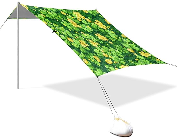 xigua St. Patrick's Day Clover Beach Tent Sun Shelter with Carrying Bag - Silver Coated Oxford Fabric Beach Canopy for Beach Camping Fishing - Includes Windproof Ropes Sandbags &amp Stakes