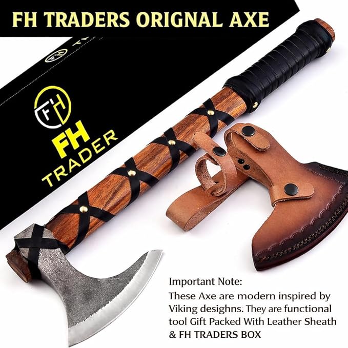 Viking Axe of Ragnar Lothbrok Hunting Axe with Rosewood Handle - Hand-Forged High Carbon Steel Sharp Blade Handmade Camping Axes Hatchet-Norse Ax Tomahawk Vikings Bearded Axes with Leather Sheath