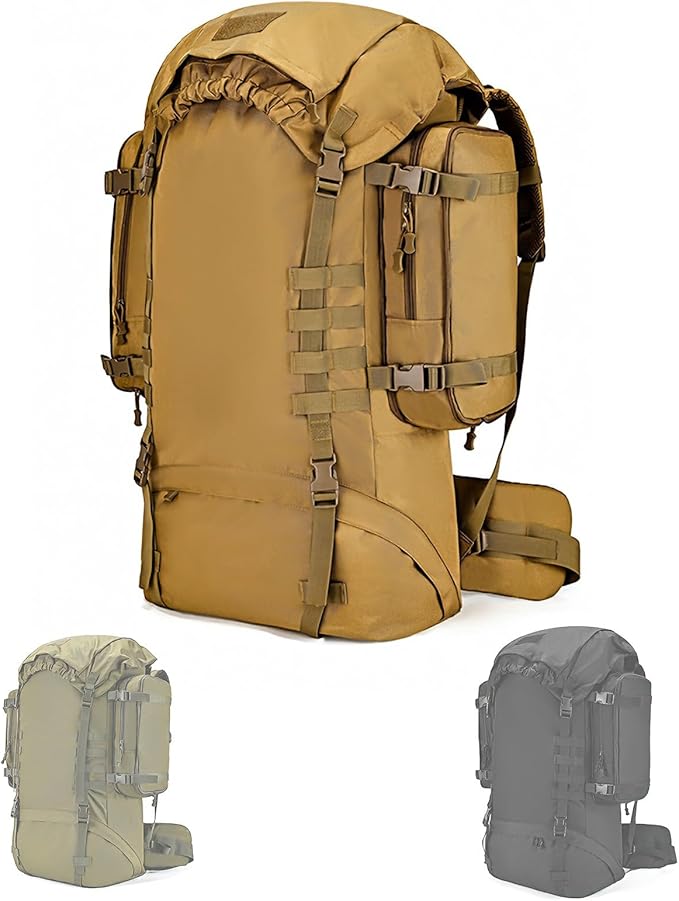 100L Tactical Backpack Side Storage Molle Bag Thick Breathable Belt Nylon Hanging Strap Durable Large Capacity Waterproof(Khaki)