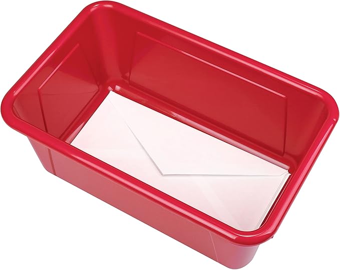 Storex Small Cubby Bins – Plastic Storage Containers for Classroom with Non-Snap Lid 12.2 x 7.8 x 5.1 inches Red 5-Pack (62407A05C)