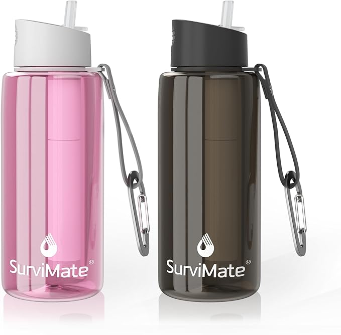 SurviMate Purified Water Bottle for Camping Hiking Backpacking and Travel BPA Free with 5-Stage Intergrated Filter Straw