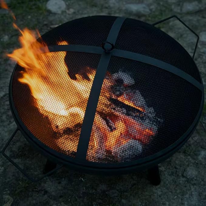23inch Portable Fire Pit with Fire Poker and Spark Screen 2 in 1 Small Round Outdoor Fireplace for Outside Heating Bonfire Party Camping Backyard Patio Garden RV Trip