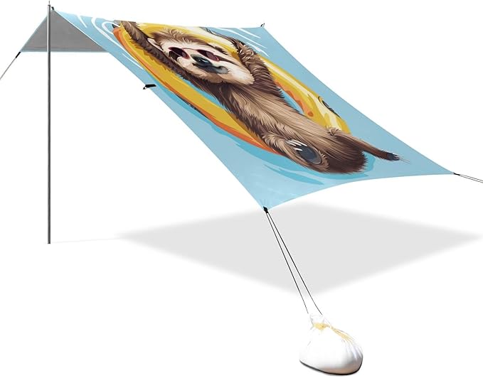 ALAZA Sloth Swimming Ring Beach Tent Sun Shelter UPF50+ Protection Beach Shade Canopy w/ 4 Sandbags for Outdoor Camping Fishing Backyard Fun Picnic 10x9 ft