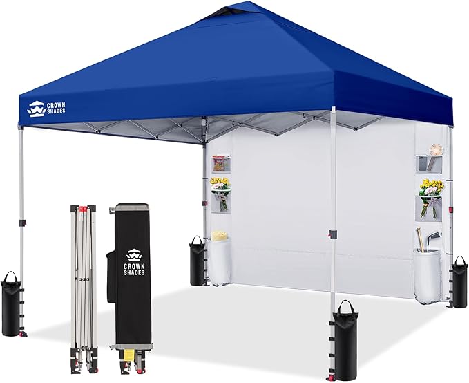 CROWN SHADES Canopy Tent 10 x 10 Foot Portable Pop Up Outdoor Shelter with Pocket Sidewall Push Center Lock UV Protection and Carry Bag Navy Blue