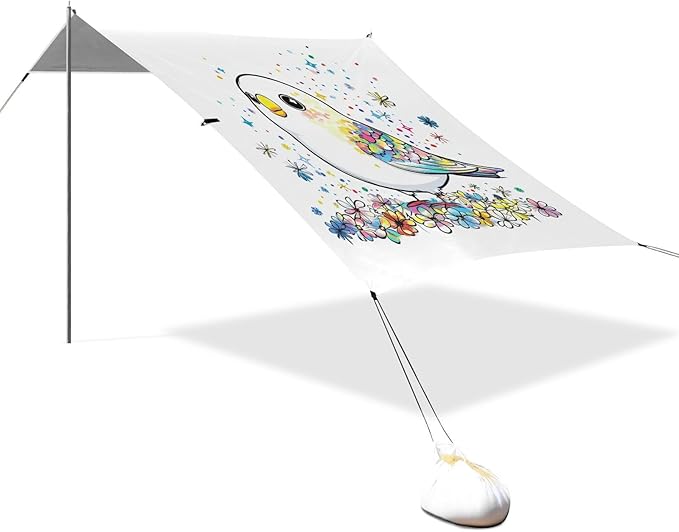 Sweet Cute Bird Beach Canopy UPF50+ Protection Lightweight Large Sun Shelter with Sand Shovel Sandbags for Camping Picnics Backyard &amp Fishing