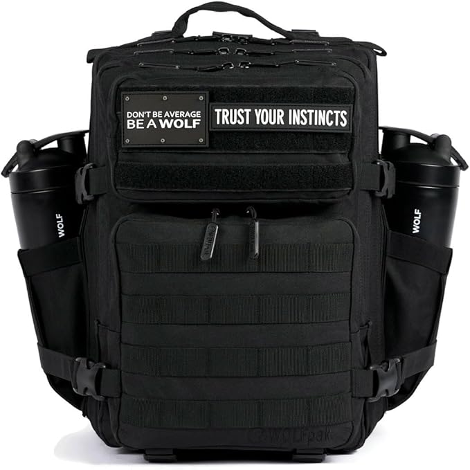 WOLFpak 25L Athletic Gym Backpack (Alpha Black) Durable 1000D Waterproof Oxford Material with MOLLE Webbing Laptop Pocket &amp Dual Cup Holders