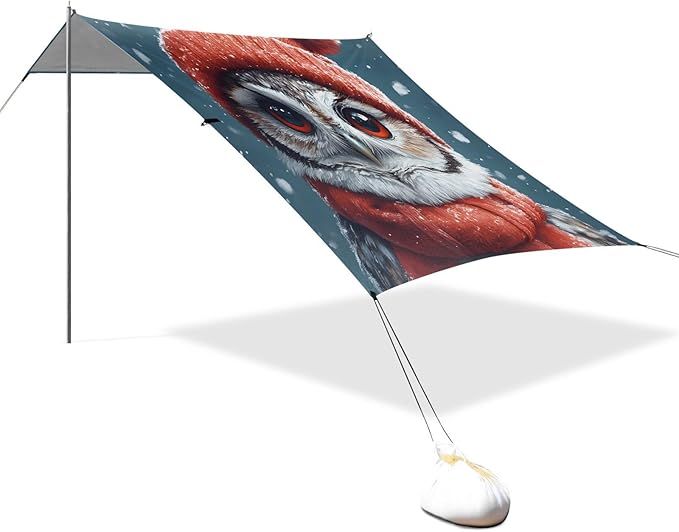 ALAZA Christmas Owl Beach Tent Sun Shelter UPF50+ Protection Beach Shade Canopy w/ 4 Sandbags for Outdoor Camping Fishing Backyard Fun Picnic 10x9 ft