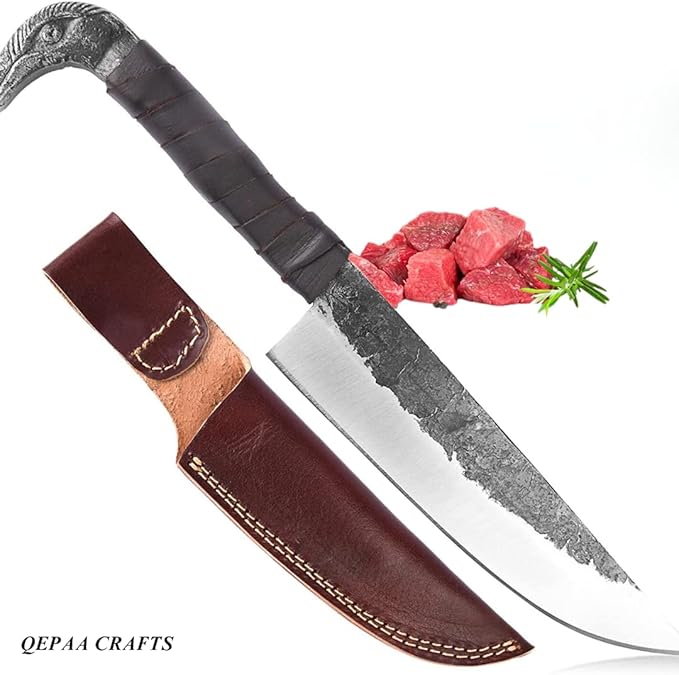 QEPAA CRAFTS® Odin's Raven Norse Viking-styled Knife 10.3 - Hand Forged 6.5 Carbon Steel Blade Raven's Head Hilt and Leather Sheath - Unique Medieval Seax Style - Norse Knife for Hunting &amp Camp