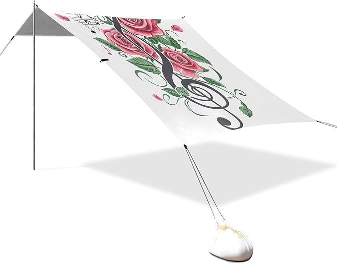 ALAZA Rose Treble Clef and Swirly Staff with Musical Notes Beach Tent Sun Shelter Portable Canopy Sunshade for Outdoor Camping Picnics Backyard Fun 10x9 ft