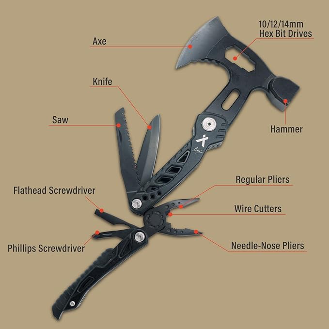 Bear Grylls Axe Multitool Hammer - With Knife Bottle Opener Hatchet Nylon Sheath Saw Screwdriver Whistle - Tactical For Camping Survival Hiking Portable and Lightweight - Black
