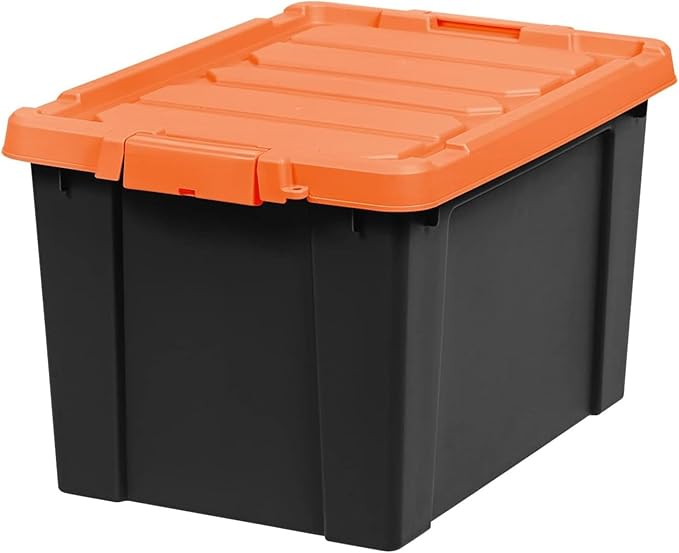 IRIS USA 20 Gallon Lockable Storage Bins with Lids 2 Pack - Made in USA Heavy Duty Stackable Containers Garage Organizing Bins Moving Tubs Rugged Sturdy Equipment Utility Box - Black/Orange