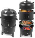 Charcoal BBQ Smoker 16 Inch Heavy Duty Grill with 2 Cooking Area and Thermometer 4 In 1 Vertical Smokers Grill for Outdoor Camping Backyard Picnic Party