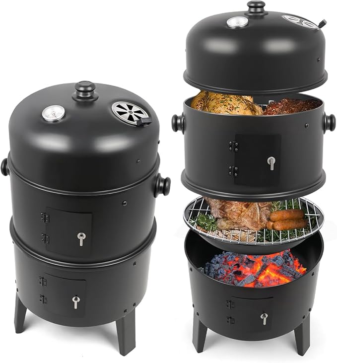 Charcoal BBQ Smoker 16 Inch Heavy Duty Grill with 2 Cooking Area and Thermometer 4 In 1 Vertical Smokers Grill for Outdoor Camping Backyard Picnic Party
