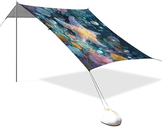 ALAZA Rainbow Starfish Flowers Beach Tent Sun Shelter UPF50+ Protection Beach Shade Canopy w/ 4 Sandbags for Outdoor Camping Fishing Backyard Fun Picnic 10x9 ft