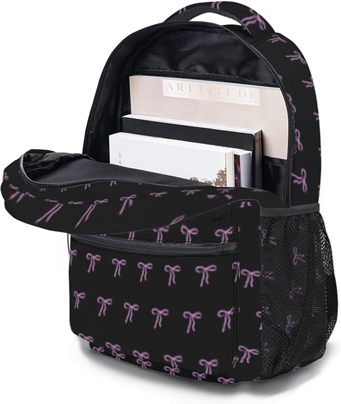 Cute Bow Backpack for Girls Lightweight School Backpack with Front Pocket &amp Side Mesh Black Pink Pattern Bookbag for Elementary Middle School Students Back to School Daily Use
