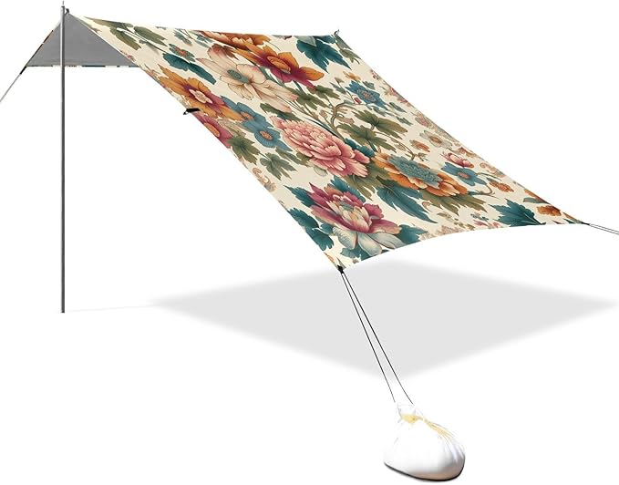 Oriental Floral Print Beach Tent Sun Shelter Set UPF50+ UV Protection 10.5 x 9.19 FT Camping Shade Canopy with Sandbags Sand Anchors Carrying Bag and Others