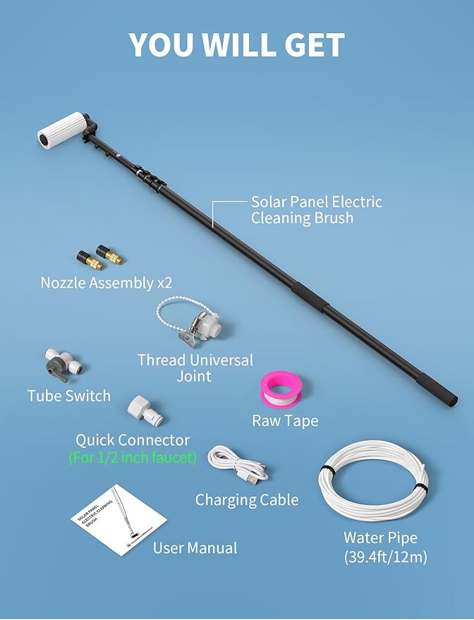 Solar Panel Cleaning Brush and Pole 20FT Electric Cleaning Roller Brush with Telescopic Water Fed Pole 100Mins Runtime 2 Spin Speeds Outdoor Window Cleaning System for Solar Panel Window Roof