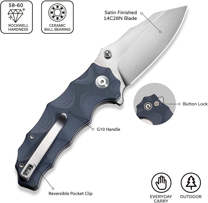 CIVIVI Natterjack Pocket Folding Knife 3.19 14C28N Blade G10 Handle with Reversible Clip Thumb Stud &amp Flipper Opener Knife for Camping Hiking EDC C24028-2 (Neutral Blue)