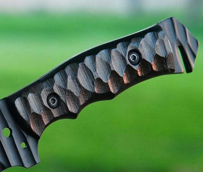 Ottoza Tanto Tactical Knife with Fixed Blade and Horizontal Carry Leather Sheath - Compact Military EDC Knife - Black Micarta Handle 377