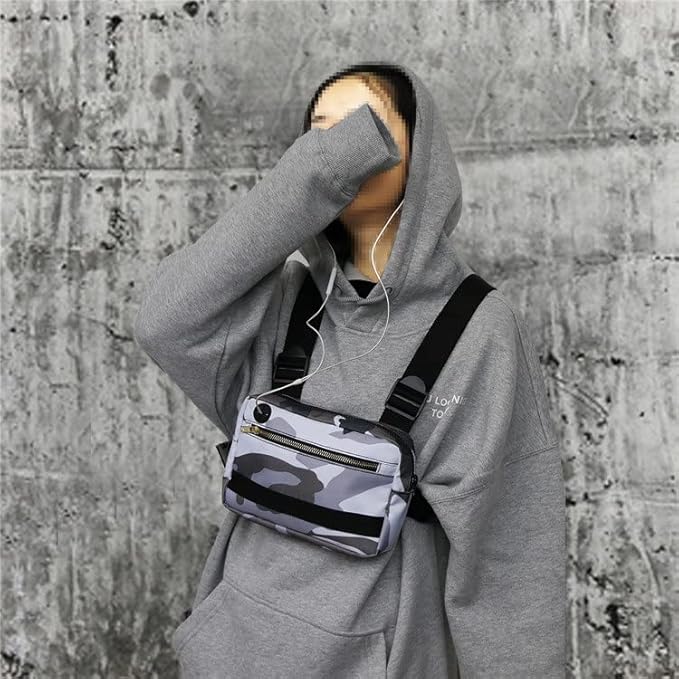 Outdoor Chest Rig Bag For Men Tactical EDC Chest PackBuilt-In Headphone hole Lightweight Utility Chest Rig Pouch For Running Cycling Workouts Hiking(GreyCamouflage)