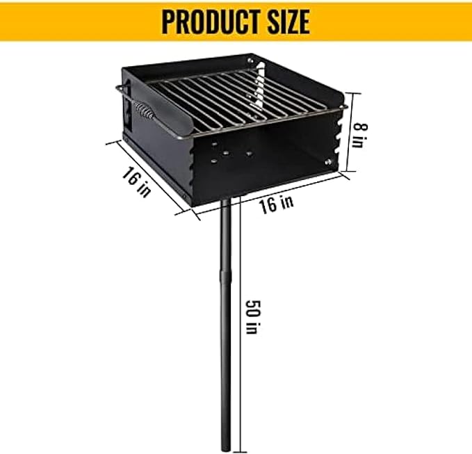 Park Style Charcoal Grill With Grate Single Post Carbon Steel 50 Inch Height Pole Heavy Duty Outdoor Park Grill For BBQ Camping Backyard16x16 Inch