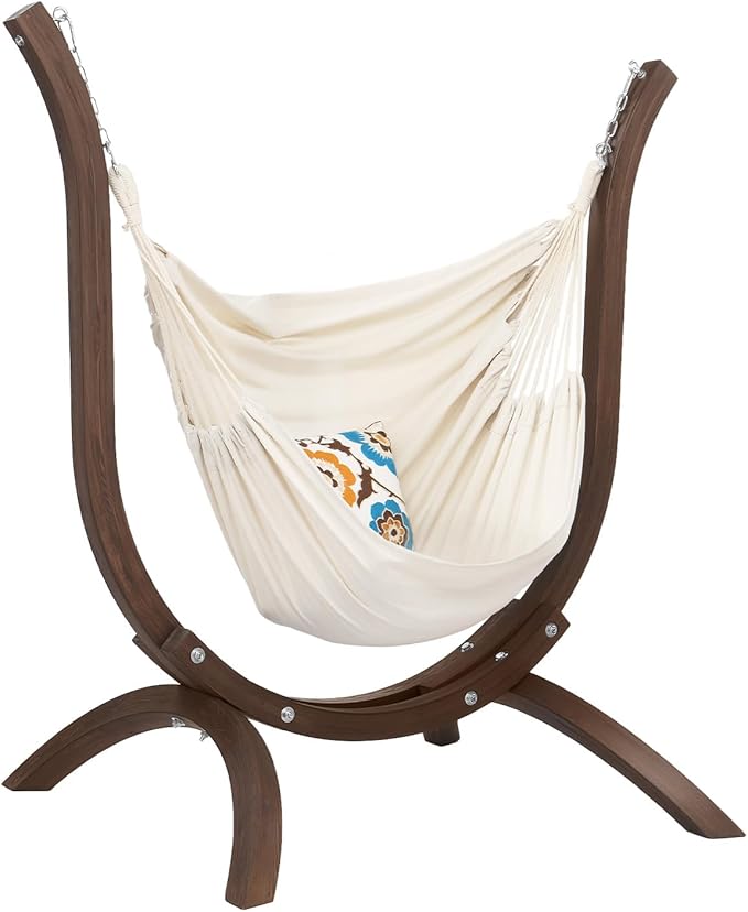 ONCLOUD Hammock Chair with Wooden Stand Curved Hanging Chair Set with Throw Pillow Portable Wooden Hammock Chair for Outdoors 330LBS (Carbonized)