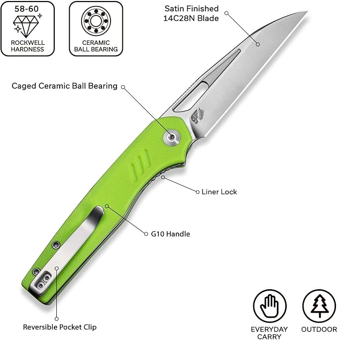 CIVIVI Guile Pocket Knife Folding Knife for EDC 3.25 Swedish 14C28N Blade G10 Handle with Reversible Deep-Carry Clip C24062B-2 (Fluorescent Green)