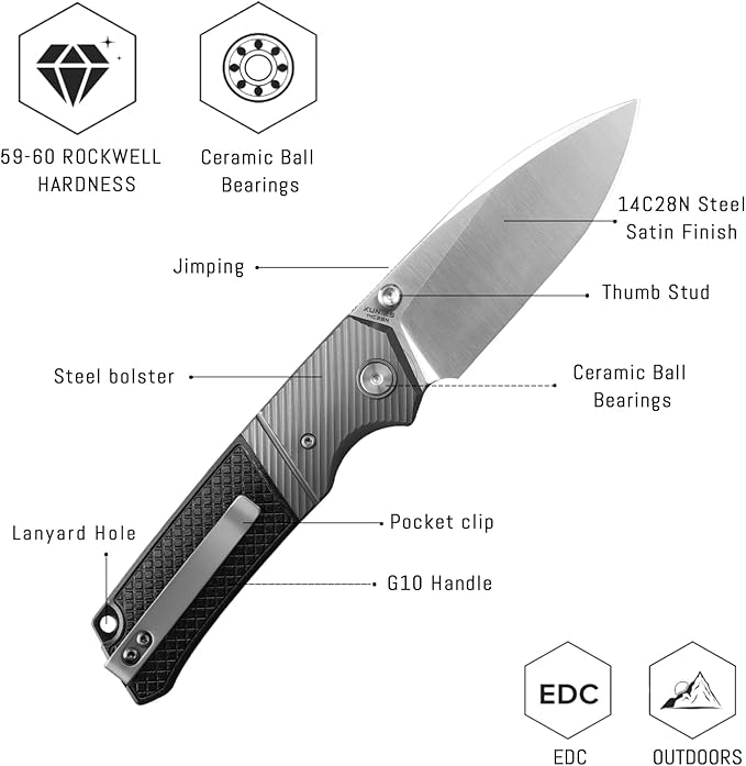XUN125-BGS 3.27 Folding Pocket Knife for Man 14C28N Steel Satin Blade with Reversible Clip for EDC &amp Outdoor Camping