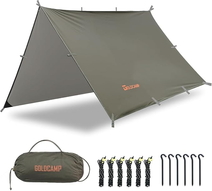 GOLDCAMP Waterproof Camping Tarp70D Nylon 10X10FT Hammock Rain Fly UV 50+ and PU15000mm Tent Tarp Shelter CanopyHeavy Duty Multifunctional Sun Shade or Rain Fly Essentials for Hiking Backpacking