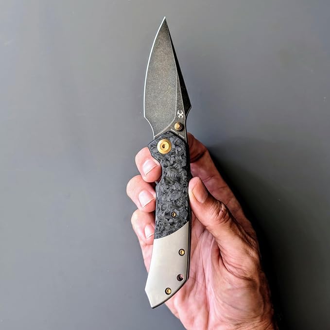 KANSEPT Fenrir Pocket Knife 3.48 Blackwash CPM S35VN Harpoon Blade Titanium Handle Shred Carbon Fiber Inlay Thumb Stud &amp Liner Lock with Deep Clip EDC Knives for Camping Hunting Survival K1034