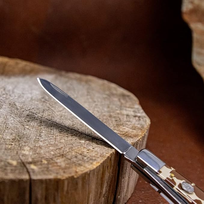 WHISKEY BENT HAT CO. Traditional Trapper Folding Pocket Knife 4.125 Closed Length 440C Stainless Steel Blades (Brown Hide)