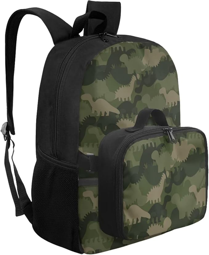 Green Camo Backpack with Lunch Box Dinosaur Bookbag with Adjustable Shoulder Strap Lightweight School Bag for Men Lightweight Satchel Bag for Travel