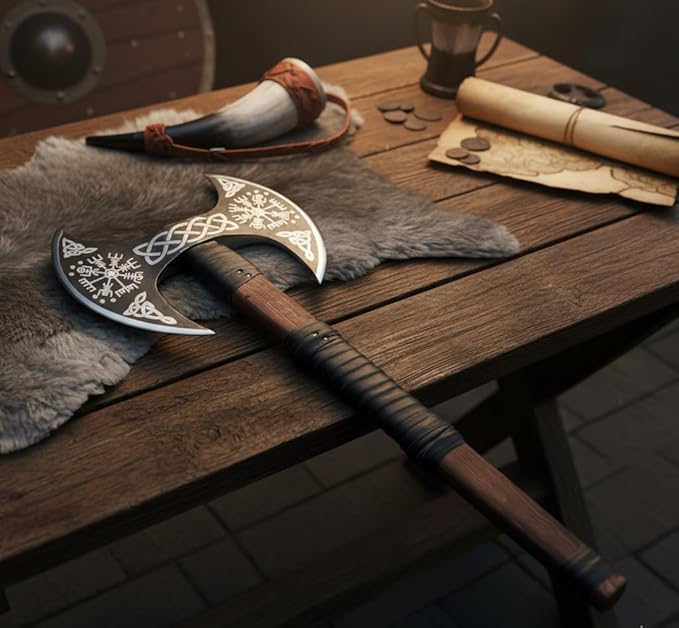 FORGE HIDE - Double Headed Viking Axe 29 Double Blade Norse Axe Hand Forged High Carbon Steel Dane Axe with Ash Wood Straight Shaft Scandinavian Nordic Axe Gift for Men
