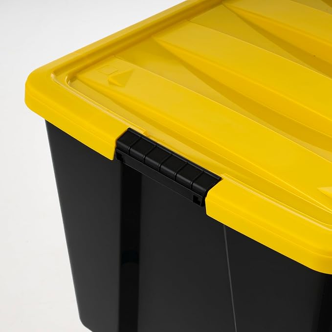 IRIS USA 94 Qt Stackable Plastic Storage Bins with Lids 4 Pack - BPA-Free Made in USA - Garage Organizing Solution Latches Durable Nestable Containers Secure Pull Handle - Black/Yellow