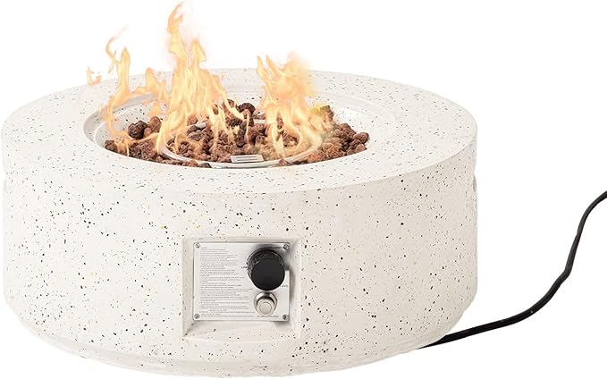 HOMPUS Outdoor Propane Fire Pit 40000 BTU 28-inch Round White Terrazzo Concrete Fire Table Gas Fire Pit w Lava Rocks and Rain Cover for Outdoor Deck or Backyard