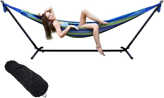Double Hammock Two Person Adjustable Hammock Bed with Space Saving Steel Stand Includes Portable Carrying Case Easy Set Up