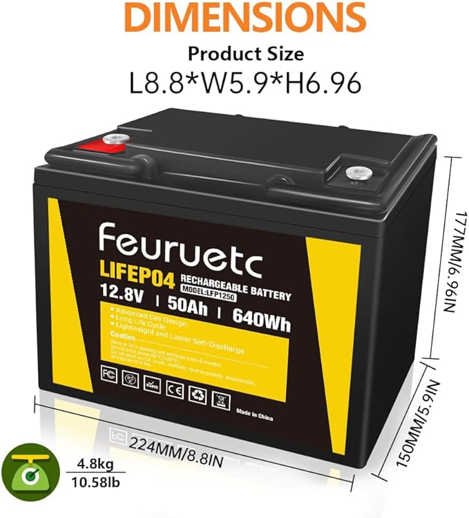 12V 50Ah LiFePO4 Lithium Battery - Built In 50A BMS 5000+ Deep Cycles Lithium Iron Phosphate Battery Great For Winter Power Shortage RV Marine Trolling Motor Camping and Off Grid Applications