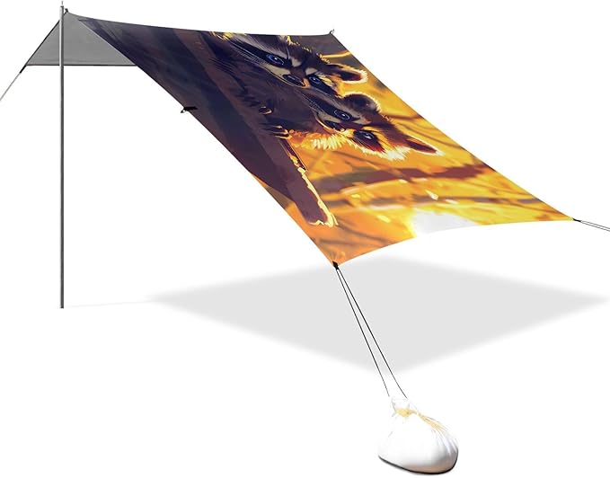 ALAZA Raccoon Cute Animal Beach Tent Sun Shelter UPF50+ Protection Beach Shade Canopy w/ 4 Sandbags for Outdoor Camping Fishing Backyard Fun Picnic 10x9 ft