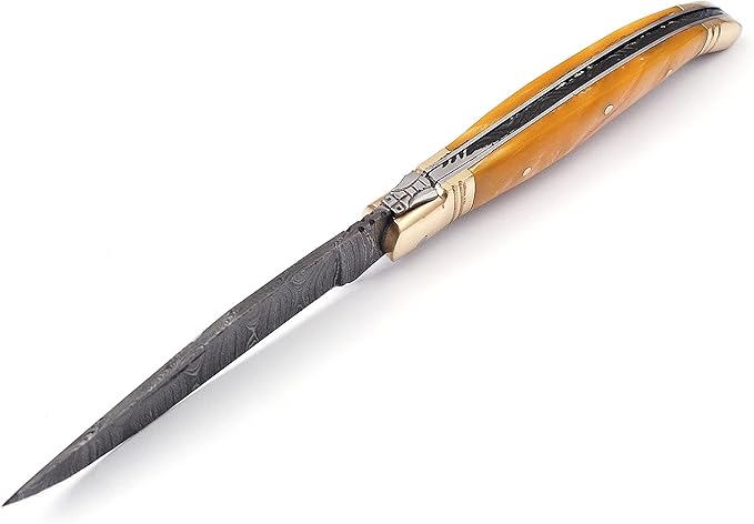 Laguiole Folding Damascus steel knife 8.5 Long with 4 hand forged custom twist pattern Blade. Beige color unshrinkable Raisen scale with brass bolster Cow hide leather sheath included