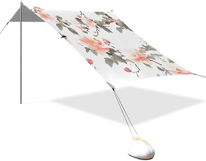 Peach Flowers Beach Tent &amp Canopy UPF50+ Protection Lightweight Shade Sun Shelter Includes Sand Shovel Sandbags Stability Poles for Family Trips Picnics &amp Camping