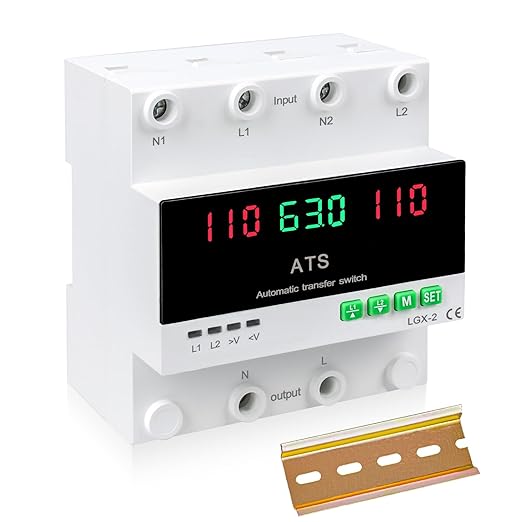63A 110V Automatic/Manual Transfer Switch DIN Rail Mount 110V for Generator Backup Power &amp Gas Furnace 50/60Hz LED Display CE Certified