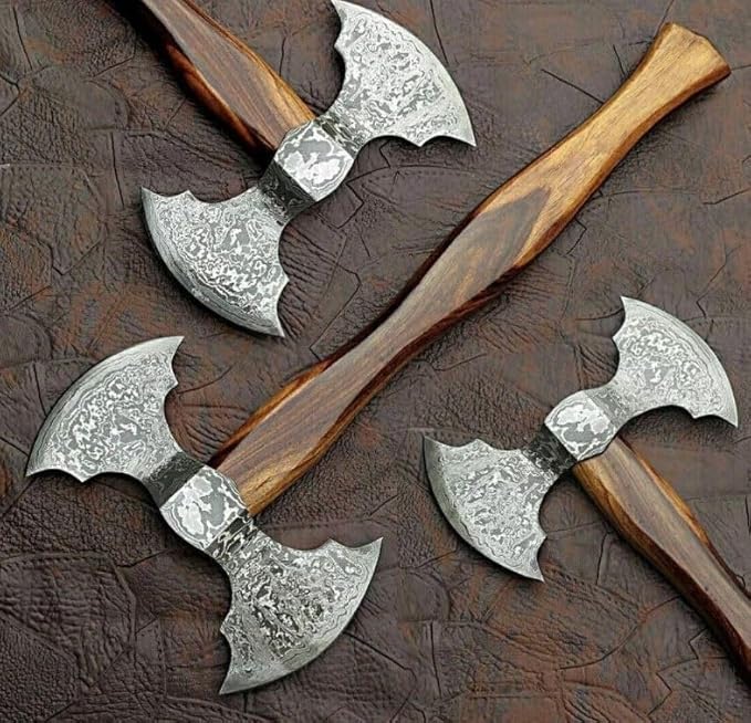 Handmade Damascus Steel Axe Hatchet Viking Axe Double Headed Axe with Leather Sheath