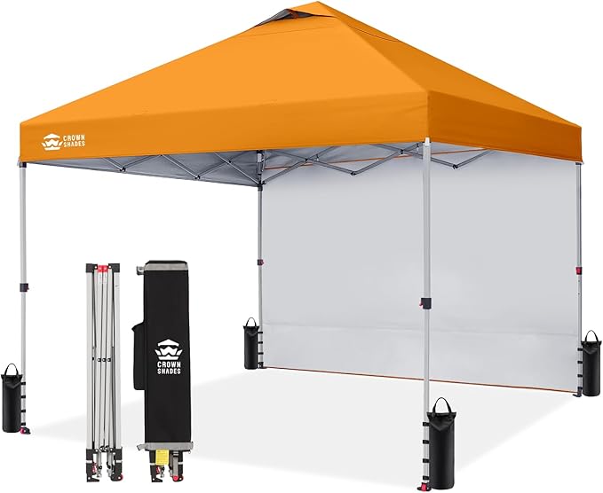 CROWN SHADES 10x10 Pop Up Canopy with 1 Side Wall - Beach Tent with One Push Setup - Outdoor Sun Shade for Events Parties Camping - Gazebo with STO-N-Go Cover Bag (Orange)