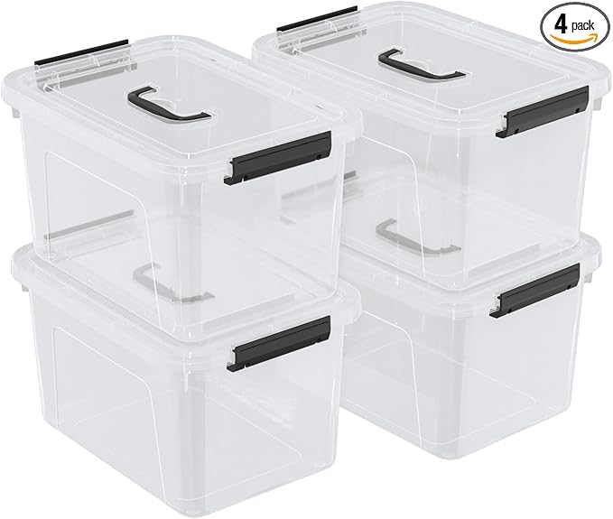 4 Packs Plastic Storage Box with Handle 10 L Clear Lidded Organizer Bin