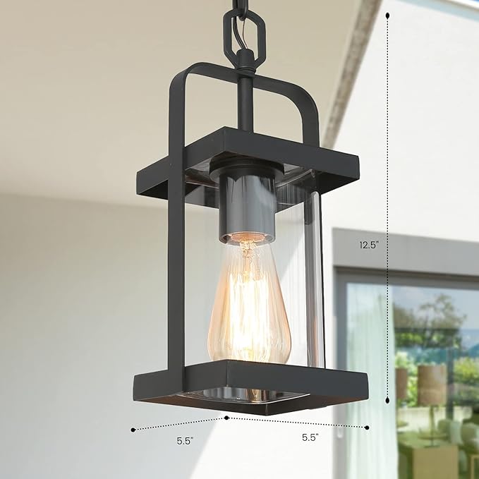 classy leaves Black Outdoor Pendant Lights Exterior Pendant Light with Clear Glass Porch Hanging Lantern Light Fixtures in Brushed Black Finish