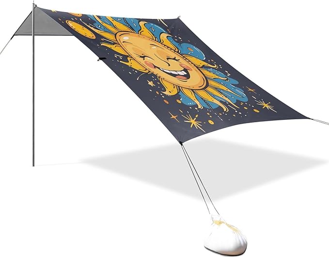 ALAZA Sun Moon Star Cartoon Funny Beach Tent Sun Shelter UPF50+ Protection Beach Shade Canopy w/ 4 Sandbags for Outdoor Camping Fishing Backyard Fun Picnic 10x9 ft