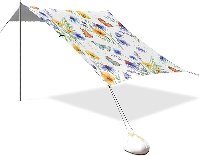 Wildflowers Beach Canopy Sun Shelter with Sandbags &amp Sand Shovel &amp Windproof Ropes - Portable 110x126 Beach Shade Beach Tent for Camping Picnics