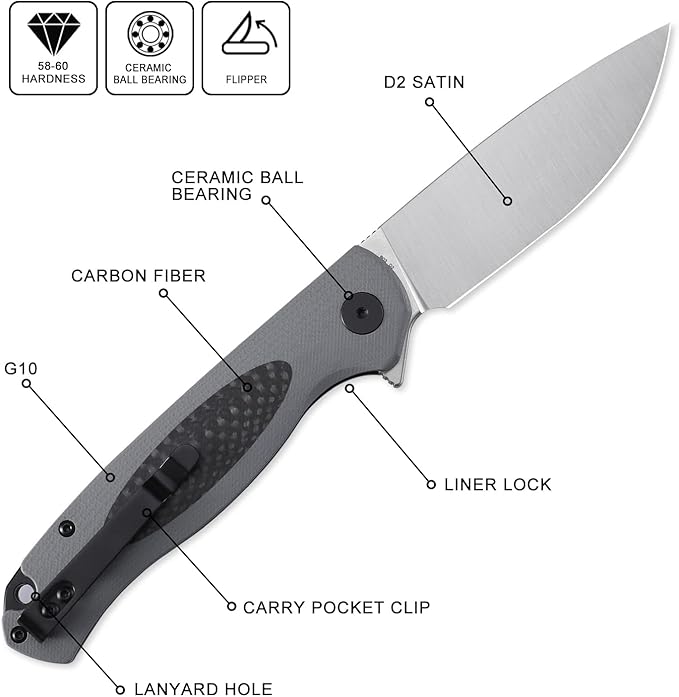 Petrified fish PFB03 Stamp Pocket Knife 3.58 D2 Satin Blade 4.79 oz G10 Handle Flipper Liner lock Folding Knife (Gray &amp Satin)
