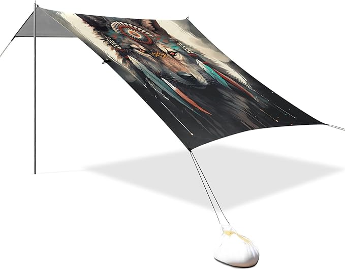 ALAZA Wolf Indian Beach Tent Sun Shelter Portable Canopy Sunshade for Outdoor Camping Picnics Backyard Fun 10x9 ft